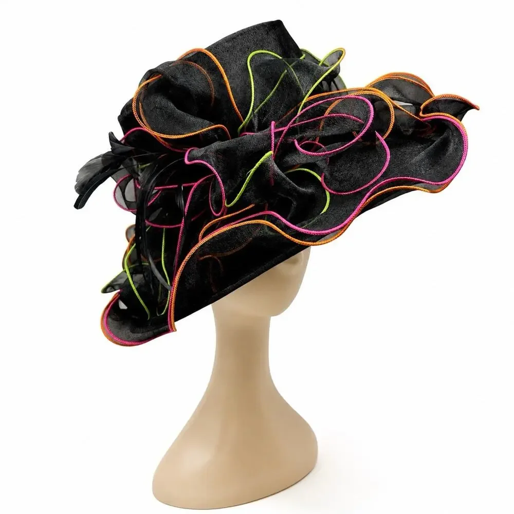 Y2K Black Organza Kentucky Derby Hat Wide Brim Neon Trim Feather Race Day Vtg
